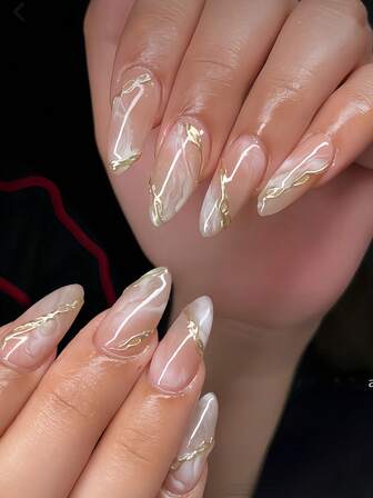 24pcs Almond Shaped Nail Stickers To Express Your Love, Elegant French Gold Striped Design With White Halo And Pink Nails, Fashionable Champagne Gold French Champagne Gold Striped White Ombre False Nail Stickers, Full Coverage False Nail Stickers Suitable For Women And Girls. Includes Nail Salon Set With 1pc Gel Polish And 1pc Nail File. Gel Polish Shipped Randomly.