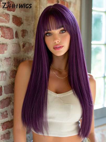 7JHH WIGS 高品质22英寸长直发挑染紫色假发，专为女性设计，蓬松柔软的合成假发，带刘海，混合灰色挑染，外观自然，采用耐热合成纤维制成，全机织，美观大方，适合女孩参加音乐节、派对、街头服饰、万圣节角色扮演、动漫或服装搭配等场合。
