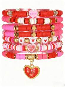 情人节串珠手链套装 - “LOVE/KISS/XOXO”心形吊坠可叠戴手链，适合浪漫送礼和日常佩戴