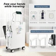 20in Aluminium Frame PC Hard Shell Spinner Wheels Luggage, Built-In TSA Lock Carry On Suitcase, With Cup Holder, USB Port, Phone Holder - 白色 - 查看 5