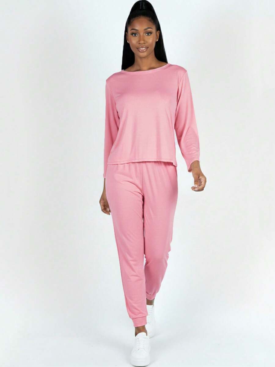 2pcs Pajama Sets For Women Solid Long Sleeve Tee & Pants PJ Set - Polignac - View 1