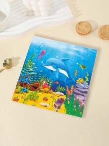 48张13英寸 x 13英寸海洋海豚主题餐巾纸 - 卡通深海海豚+海龟、水母、沉船水下元素印花，纸质，冒险风格，适合海洋主题派对/夏季海滩聚会及日常使用 - 彩色 - 查看 1