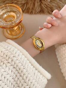 ساعة نسائية كوارتز بعقدة الخيزران البيضاوية الذهبية، أنيقة وعصرية للاستخدام اليومي، هدية مناسبة للحفلات