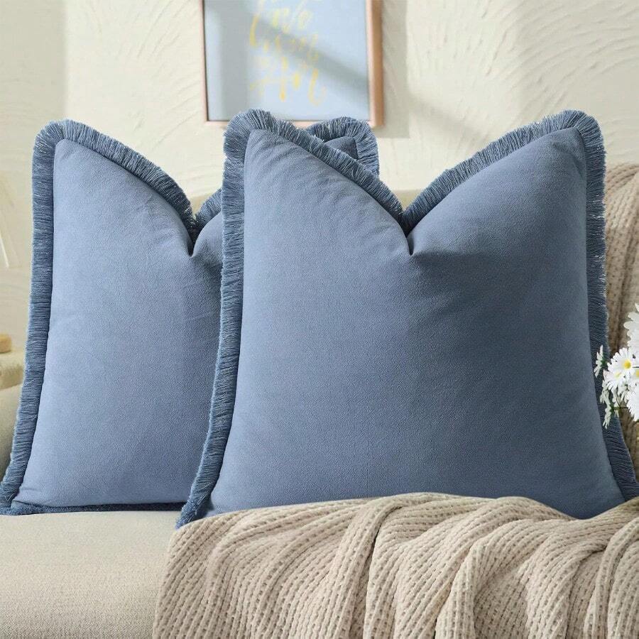 Pillow Covers 18x18 Set Of 2 Blue Trow Pillow Covers Wit Fe Cic Cotton Rative Pillows Square Cusion Covers  Sofa Couc D Ling Room Farouse Boo R - 藍色 - 查看 1