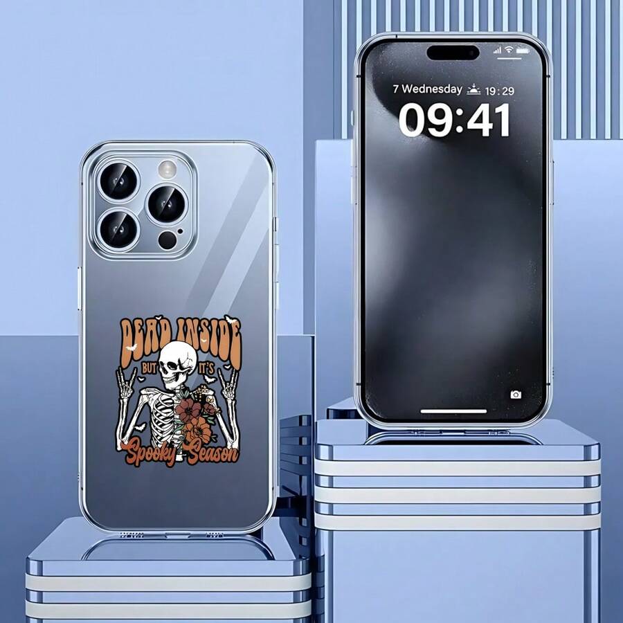 Cubierta de teléfono transparente para combinaciones de moda,Cubierta de teléfono transparente con diseño de calavera y texto Dead Inside But Its Spooky Season para temporada de Halloween Aplicable a teléfonos Apple y Galaxy. Adecuado para teléfonos Apple y Galaxy. - transparente - Ver 1