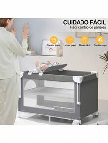 4 en 1 Cuna para Bebé con Mosquitero, Corral Cuna de 2 Niveles Ajustable, con Mesa para Cambiar Pañales, Fácil de Plegar para Viajar Cama de Bebé - Multicolor - Ver 4