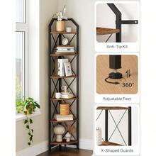 59.4" Corner Shelf 5-Tier Industrial Corner Bookshelf Corner Storage Stand Plant Stand Display Shelf Bookcase For Bedroom Living Room Home Office Rustic Brown And Black TCJ10BF - 鄉村棕色和黑色+6層 - 查看 4