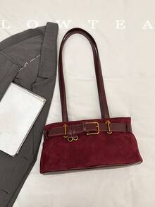 1pc Low Tea Solid Color Suede Fabric Shoulder Bag, Women's Retro Fashion Square Shoulder Bag With Top Double Handles, Zipper Closure, Suitable For Travel, Shopping, Dating, Women's Gift, Great For Commuting, Outdoor, Travel, Hiking - Burgundy - View 8