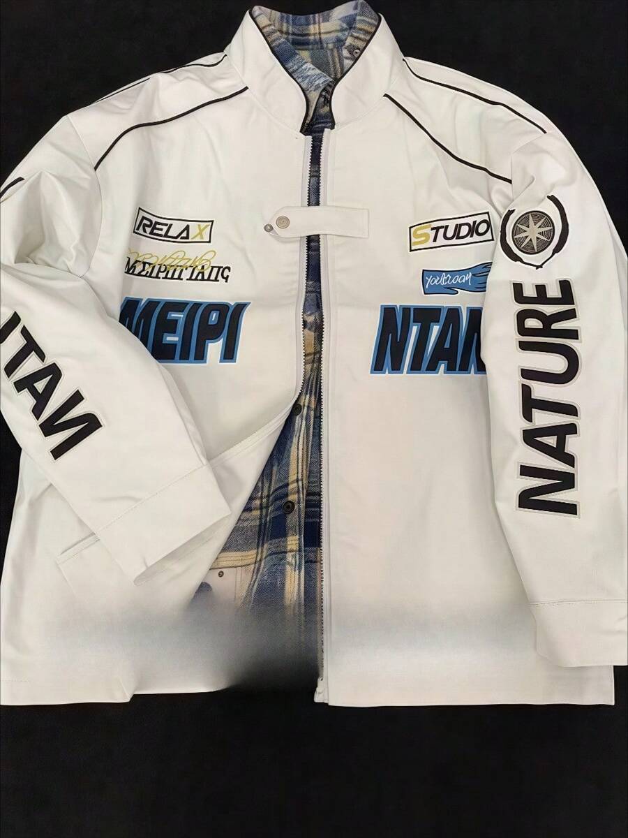 American PU Leather Jacket Racing Jacket Niche Hiphop Embroidery Small Stand-Up Collar Workwear Motorcycle Suit Flight Suit - White - View 1