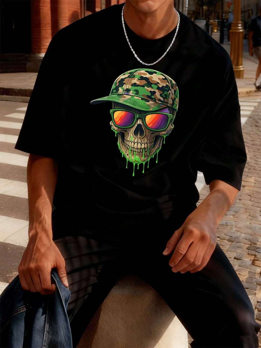 Maglietta da uomo con stampa mimetica e teschio, 100% cotone, vestibilità ampia, vestibilità comoda, casual, stampa artistica