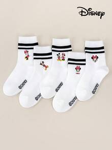 Disney 1/5双装黑色平行条纹白色青少年中筒袜，可爱卡通图案，时尚休闲透气学生袜，适合日常穿着、返校季、节日礼物、女童袜、男童袜、儿童袜，日常穿着/派对礼物/复活节/春夏/薄款 - 紅色 - 查看 12