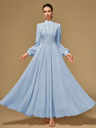 Women's Elegant Stand Collar Solid Color Dress With Beaded Front Panel, Dyed Button, And Ruffle Hem Design, Long Sleeve, Maxi Length