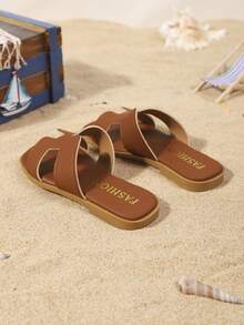 1双真皮幼儿/小女孩平底凉鞋，简约可调节绑带圆头时尚优雅可爱罗马凉鞋，适合6-17岁女孩日常休闲度假沙滩穿着，2026春夏款 - 棕色 - 查看 5