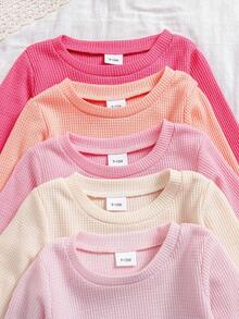 5 Sets (10pcs) Girls & Toddlers Casual Solid Color Soft Comfortable Waffle Knit Fabric Long Sleeve T-Shirt And Pants Set, Suitable For Outdoor Wear, Autumn/Winter - Multicolor - View 3