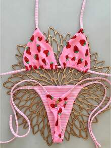 Bộ bikini dây mảnh xếp ly thắt nơ dành cho nữ, thiết kế hở lưng in họa tiết sọc trái cây hai mặt, phong cách tối giản thanh lịch, thích hợp cho Giáng sinh, tiệc bãi biển, kỳ nghỉ hè 2026, bộ bikini màu hồng cho kỳ nghỉ - Hồng - Xem 2