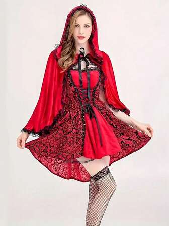 Hooded Cloak Cape, Christmas Queen Party Performance Cosplay Robe, Suitable For Role Play (E.G. Little Red Riding Hood Theme), Vintage Style Outfit, Or Christmas, Theme Party Attire