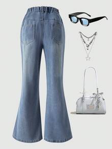 女童时尚口袋设计喇叭牛仔裤 - 藍色 - 查看 2