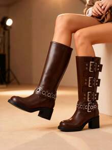 Botas altas hasta la rodilla con hebillas metálicas vintage para mujer, de puntera redonda, pantorrilla ancha, estilo motero de tacón ancho, de moda, con cierre de cordones Y2K - Marrón rojizo - Ver 4