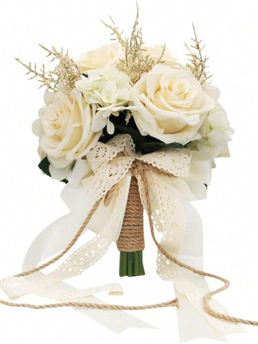 波西米亚风新娘伴娘捧花，白色香槟色人造玫瑰花，婚礼装饰，新娘捧花，婚礼花艺布置，家居餐桌摆饰，人造抛掷玫瑰，适用于民事婚礼和情人节配饰 - 米色A - 查看 1