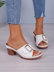 2025 Fashion Metal Buckle Design Open Toe High Heel Mules, Chunky Heel Sexy Non-Slip Platform Sandals, Suitable For Summer Daily Wear (Run Large, Suggest Ordering One Size Down) - White - View 4
