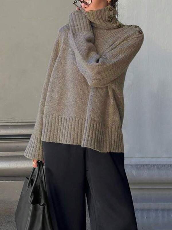 Women's Solid-Color Tops, Long-Sleeved Pullovers With Turned-Up Collars, Asymmetrical Collars With Buttons, Casual Streetwear, Popular In Autumn And Winter, Versatile For All Occasions, Women's Outwear, Women's Work Outfits,Thanksgiving Outfit For Women,Christmas Sweater.