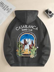 Men's Cactus Desert Graphic Print Thermal Lined Hoodie, Fashionable Street Style For Autumn/Winter