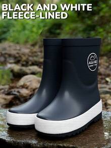 Kids Black Solid Color Rain Boots, Waterproof Non-Slip Boots For Outdoor Play And Rainy Days - 黑色 - 查看 6