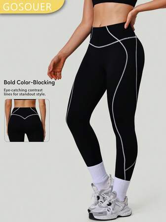 GOSOUER Ținută de antrenament pentru atlete pentru femei, cu dungi blocate în culori, pentru ridicarea feselor, pentru alergare, antrenament, pantaloni de yoga, casual, pentru sport în aer liber, colanți