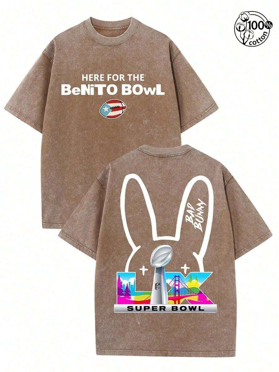 BadBunny Benito Bowl T Shirt,Retro Washed T-Shirt Double Sided Printed (230 Pure Cotton T-Shirt),Christian Gift, Men's T-Shirt, Men's Casual, Comfortable, Fashionable T-Shirt, Street Style Cotton2026 - 咖啡棕 - 查看 1