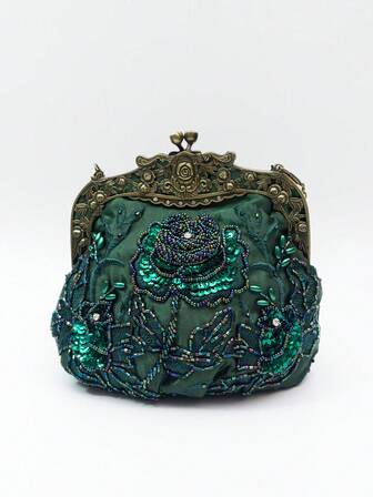 1件复古1920年代风格橄榄绿玫瑰刺绣串珠亮片装饰铜色金属和水钻点缀的正式手拿包，适合女士正式场合、派对、婚礼、新娘、送给女士、妈妈、生日的礼物