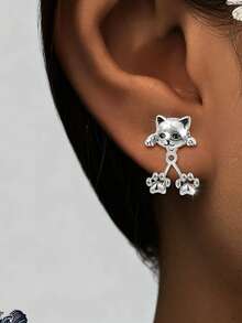 Cute Cartoon Cat Stud Earrings, Petite & Versatile Earrings For Women - Silver - View 5