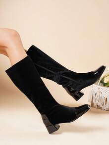 2026 Autumn/Winter New Western Style Side Zipper Over-The-Knee Boots For Women, Square Toe Chunky Heel Tall Elastic Riding Boots - Black - View 1