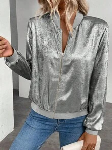 Keke Bloomly Women's New Lightweight Long Sleeve Zip-Up Casual Jacket, Shiny Metallic Fabric, Fashionable Bomber Style, Versatile For Work, Travel And Leisure - Light Grey - View 7