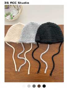1 pièce Bonnet tricoté à la main en couleur unie, motif gaufré, chapeau d'oreille chaud avec attache, chapeau de ski polyvalent minimaliste pour femmes, élégant bonnet tricoté pour l'hiver - Multicolore - Voir 12