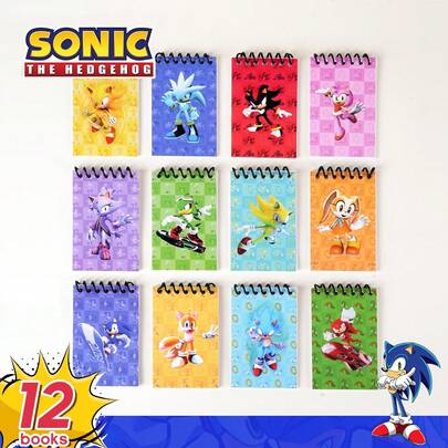 Sega 一套12本世嘉官方授权赛博朋克风格索尼克IP联名线圈笔记本，双线圈设计，防撕裂，180°平摊功能，可用于课堂笔记、游戏主题手册、漫展周边收藏、热血回忆、粉丝信仰充电、便携尺寸、漫展必备、六一毕业季创意礼物