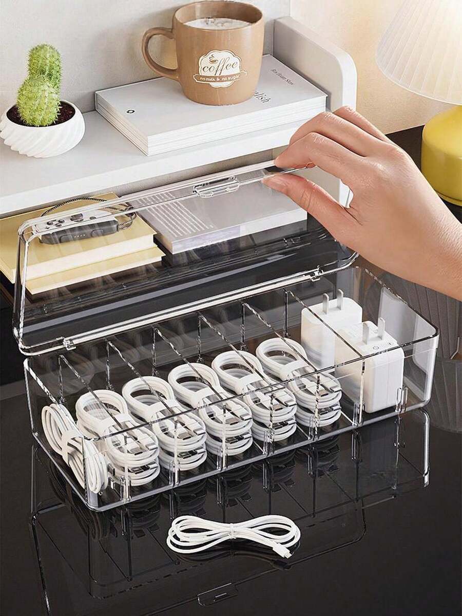 1pc Desktop Cable Management Organizer Box, Compartmentalized Charging Cable, Earphone, Makeup, Stationery, Phone, Toy Storage Box, Detachable Lipstick & Jewelry Box - White - View 1