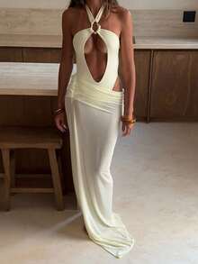 مجموعة بدلة سباحة نسائية من قطعة واحدة مع حلقة معدنية مفرغة وتنورة ماكسي متدلية، طراز فاخر لموضة الشاطئ والمنتجعات، مجموعة من قطعتين - أصفر فاتح - مشاهدة 6