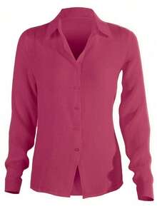 Blusa con Manga Larga para Mujer de Lino y Algodón, Cuello Solapa, Ideal para Diario - Rojo - Ver 6