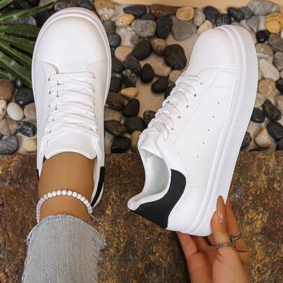 Women's Outdoor Casual Minimalist Versatile White Sneakers, Skateboard Shoes, Flat, Suitable For All Seasons