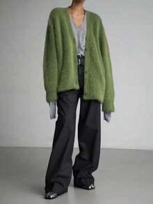 Women's Solid Color Drop Shoulder Long Sleeve Single-Breasted Casual Cardigan, Elegant Faux Fur Sweater, Grass Green - Grass Green - View 3