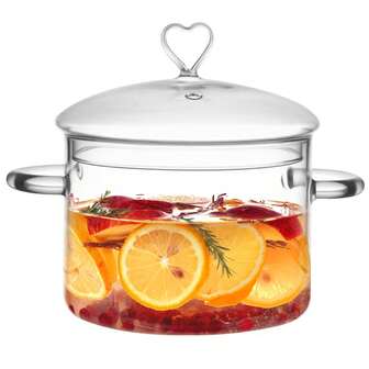 Olla de cocción de vidrio de 2 L con tapa, olla para cocción a fuego lento para estufa, ahorra energía, resistente al calor, para recetas a base de agua. Tapa con forma de corazón, transparente, 2000 ml (68 oz)