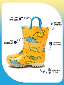 Kids Dinosaur Rain Boots With Easy-On Handles, Waterproof Non-Slip Boots For Boys & Girls Outdoor Play - 橘色 - 查看 3