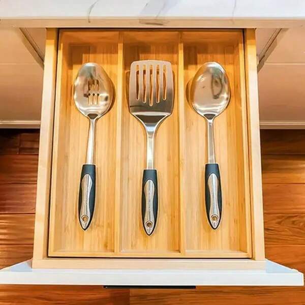 1 Set Of 3 Compartment Bamboo Kitchen Knife Box Drawer Divider, Chopstick Storage Box, Cutlery Organizer Tray, Kitchen Drawer Storage Box For Forks Spoons Knives, Household Kitchen Supplies Storage Box