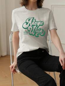 夏季女款浅灰色字母图案印花休闲短袖 T 恤 - 淺灰色 - 查看 3