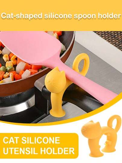 귀여운 고양이 모양 실리콘 스푼 받침/기구 홀더 - 내열성 미끄럼 방지 주방 도구 랙. 요리 및 식품 보관에 편리하고 청소가 용이하며 사랑스러운 가정 장식품입니다.