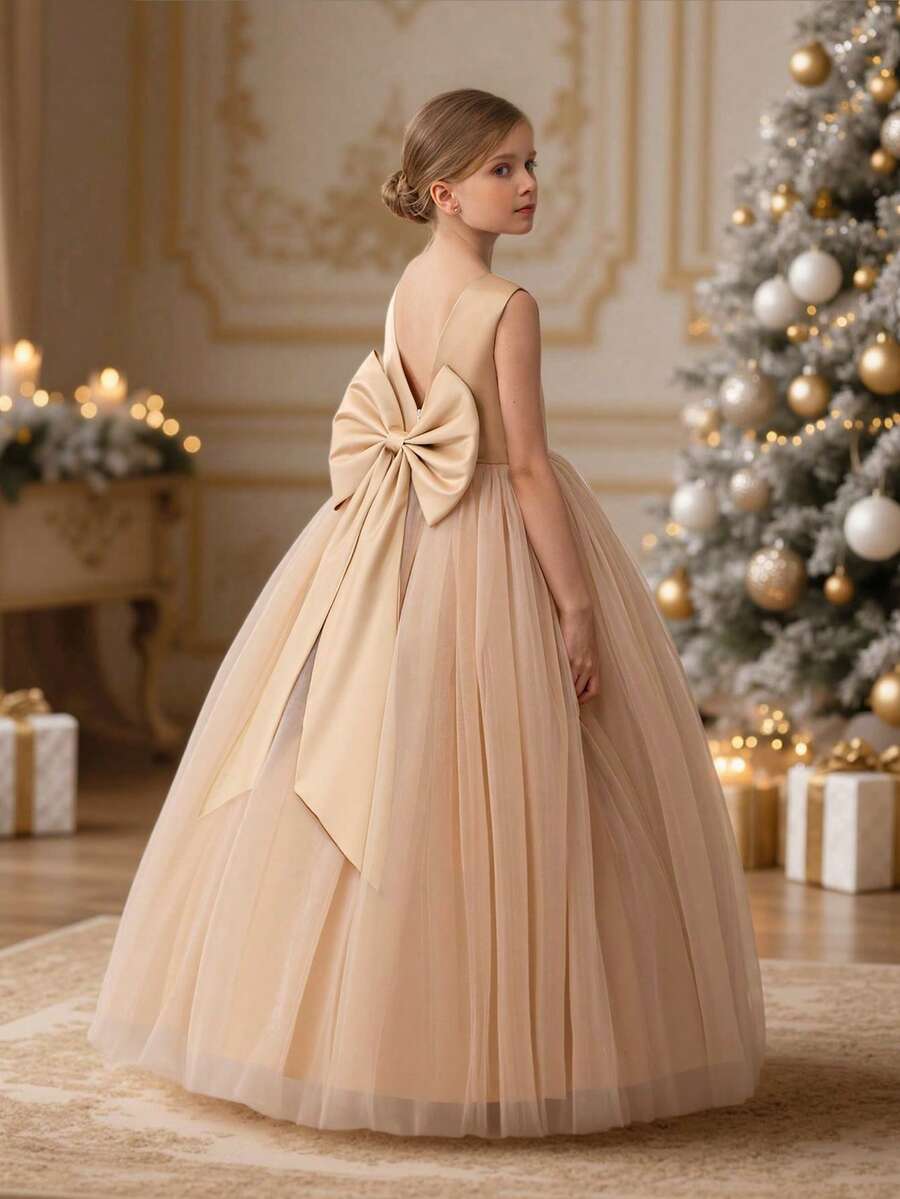 少女金色蝴蝶结V领圣诞派对礼服，优雅公主裙，适合女孩生日派对、婚礼伴娘、舞会、感恩节、毕业典礼等场合。 - 金色 - 查看 1
