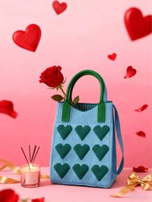 Super Cute Mini Knit Phone Bag With Heart Pattern, Checkered Wave Crossbody Small Bag, Handbag, Student Phone Bag