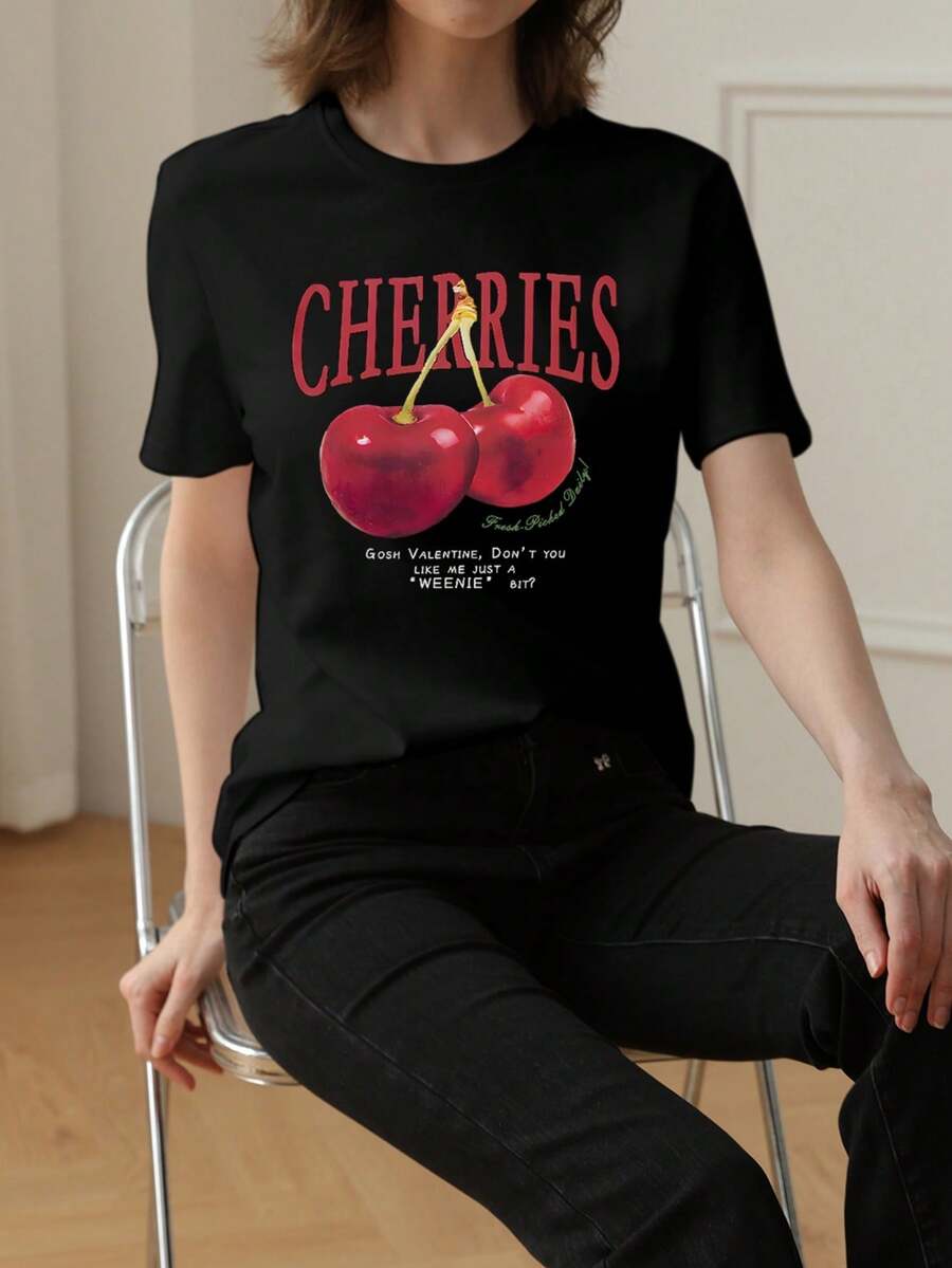New Summer Women Cute Cherry Print Round Neck Casual Short Sleeve T-Shirt - Black - View 1