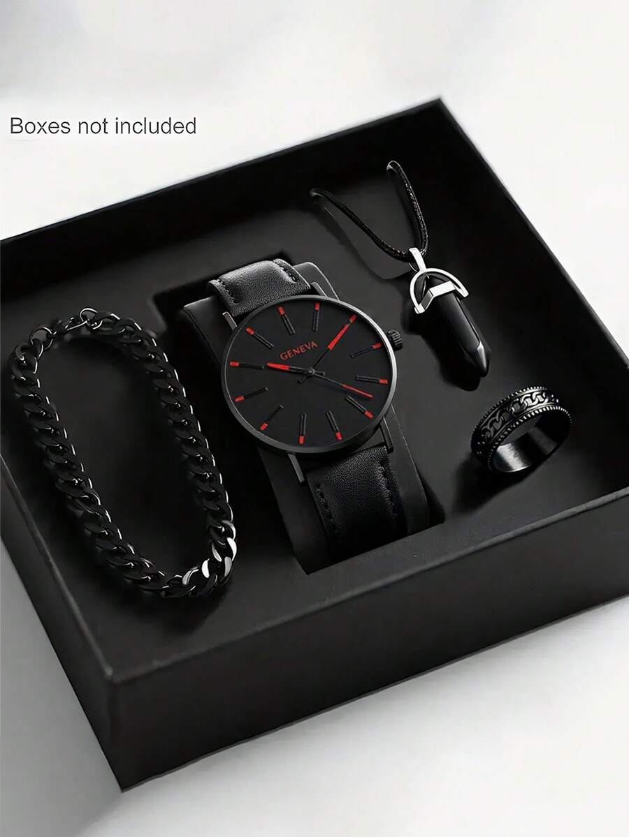 4/1pc Boys' Fashion Business Casual Quartz Watch Set With Stylish Bracelet, Pendant Necklace And Ring, Suitable For Boys To Wear Daily, Great Gift For Birthday, Graduation, Friends And Family - Multicolor - View 1
