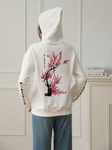 Women's Graphic Print Loose Fit Thermal Lined Hoodie Sweatshirt, Fashion Long Sleeve, Winter - White - View 2